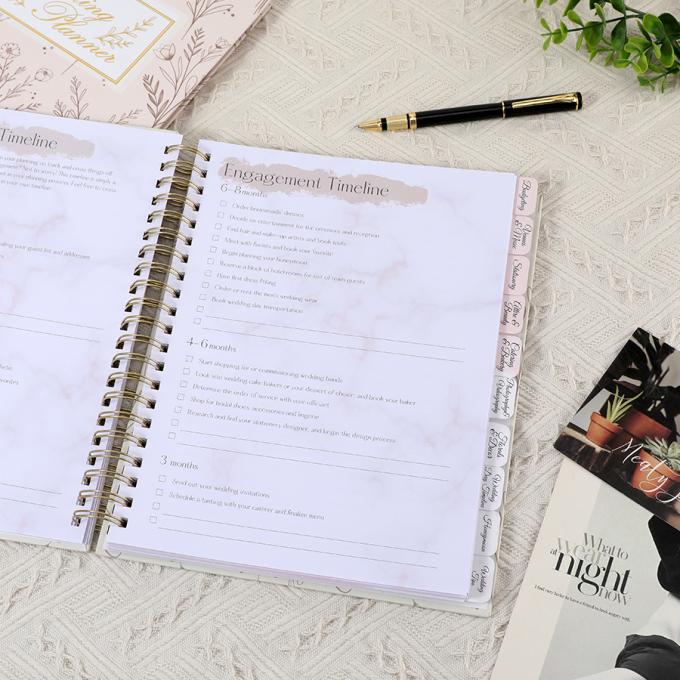 Custom A4 A5 Espiral Diário Papel Cadernos Diário Diário Planeador de Casamentos para Mulheres 9